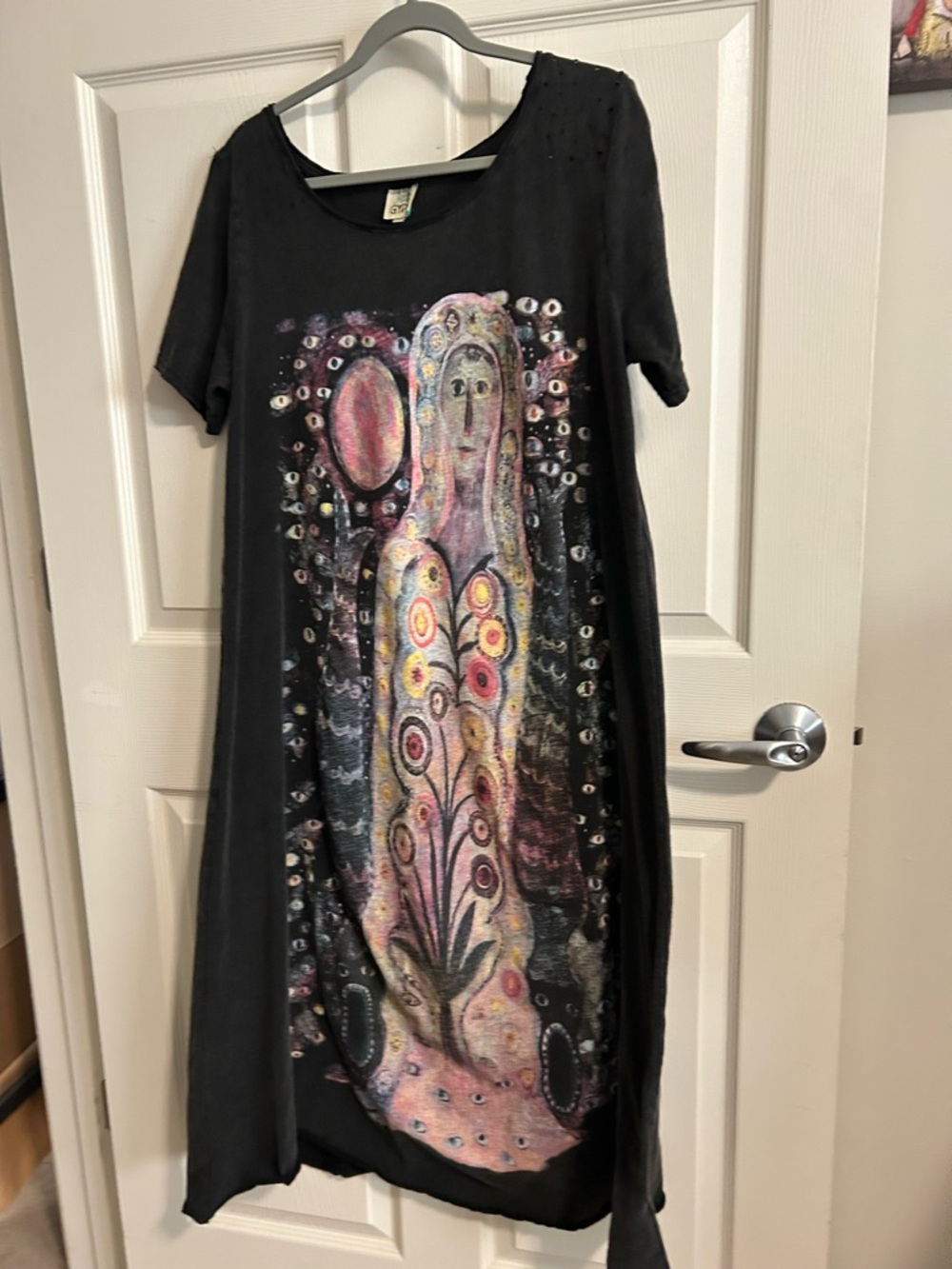 Jaded Gypsy Black Maxi Dress with Colorful Artistic Front Panel